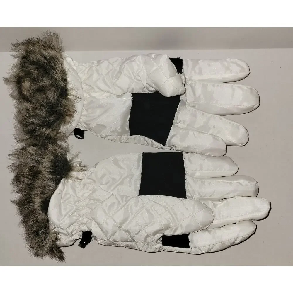 Natural Reflections White Insulated Gloves Quilted Gathered Faux Fur Trim L/XL